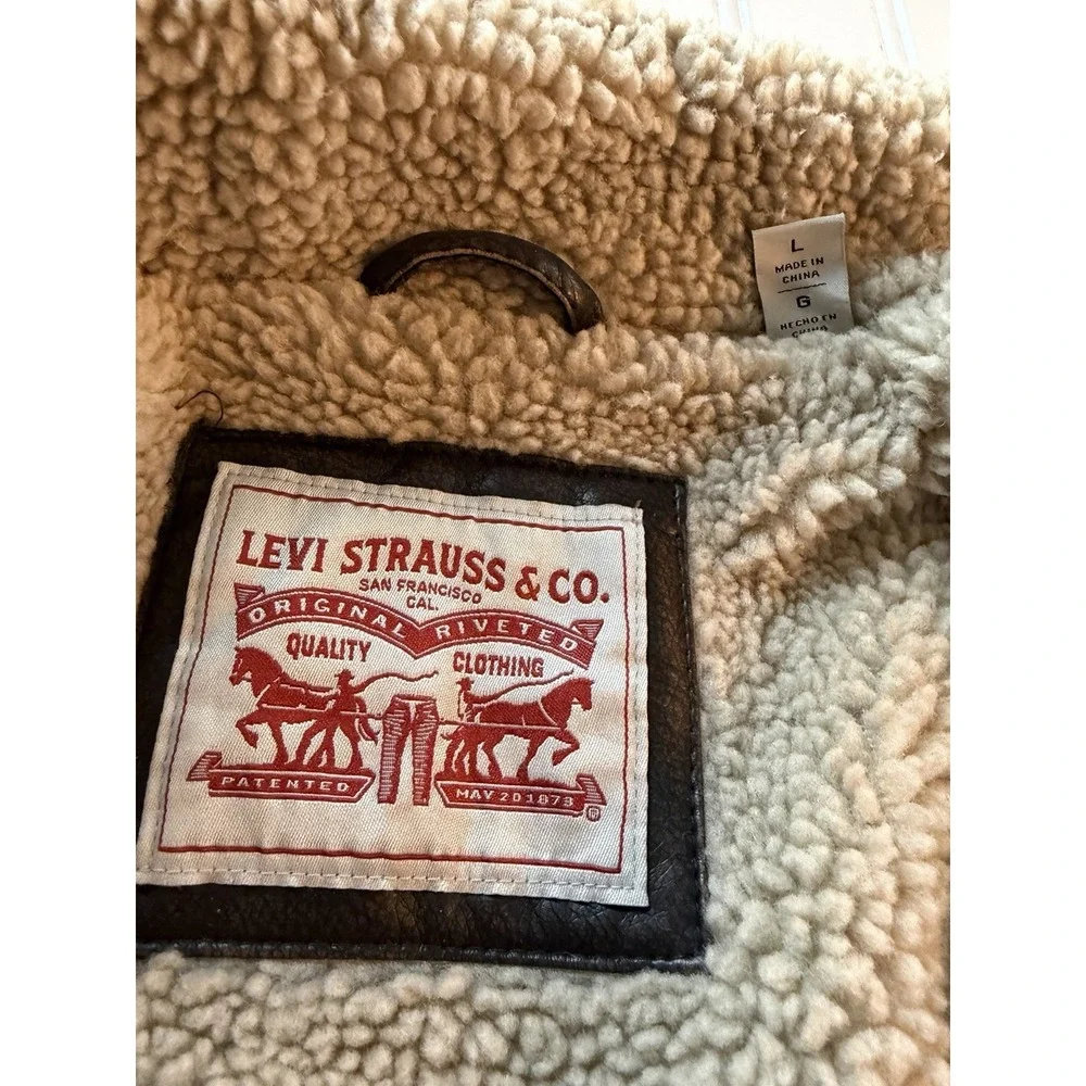 Levi's Faux Leather Aviator Bomber Jacket Sherpa Lined Brown‎ Men's L